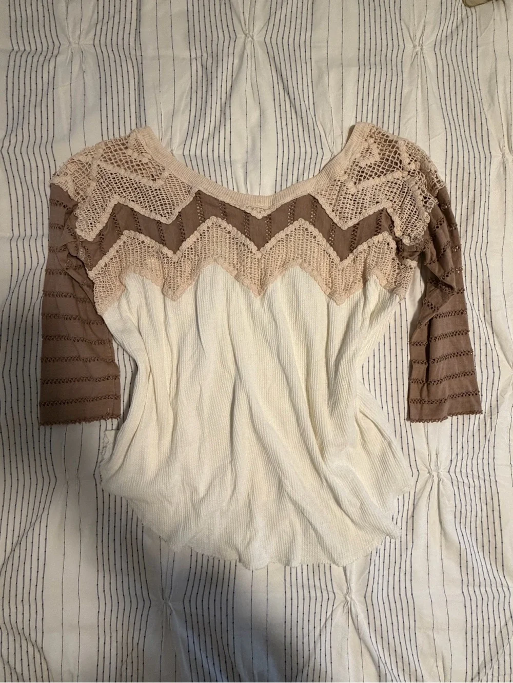 Free People Cream Ribbed 3/4 Sleeve Tee with Taupe Crochet Yoke